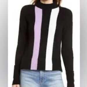 Halogen Black Sweater with Lilac and White Vertical Stripes